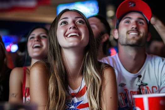 A group of people are watching a baseball game and one woman is smiling. Scene is happy and excited
