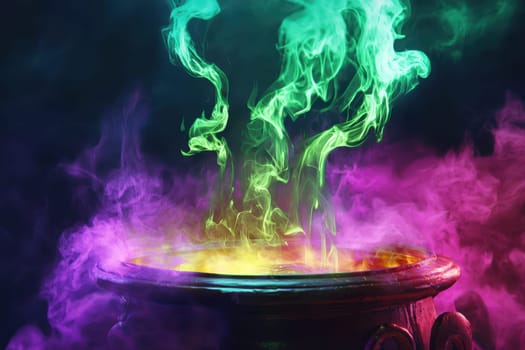 A colorful, glowing, and swirling cauldron of smoke and steam. The smoke is green, purple, and blue, and the steam is also colorful. The cauldron is sitting on a table
