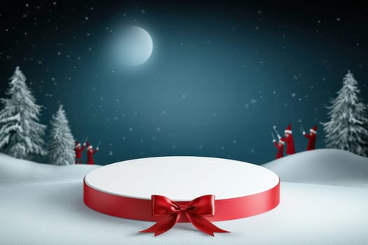 A white round stage with a red bow on it. The stage is set in a snowy field with trees in the background