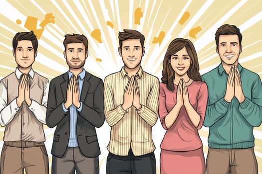 A group of five people are standing together and praying. They are all smiling and seem to be happy