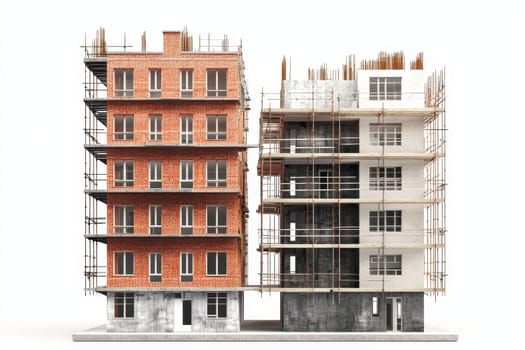 Two buildings, one of which is under construction. The other is a brick building with windows. The construction site is visible on the side of the brick building