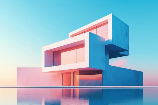 A white house with a blue pool in front of it. The house is tall and has a modern design. The pool is surrounded by a white wall and has a blue tiled floor. The sky is blue and the sun is setting