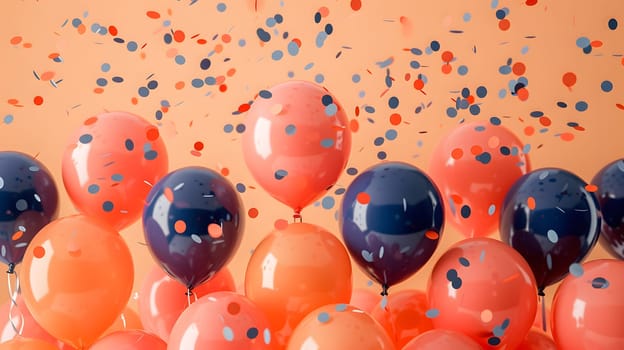 A multitude of electric blue balloons and orange confetti float in the air, creating a vibrant and lively atmosphere. The colorful display adds a sense of fun and excitement to the recreation event