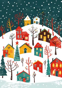 Charming snow-covered village with cozy houses, trees, and starry sky.