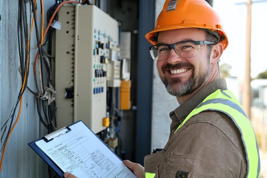 A man wearing a yellow vest and a hard hat is smiling while holding a clipboard. He is likely a construction worker or an electrician, as he is working on a project that involves electrical wiring