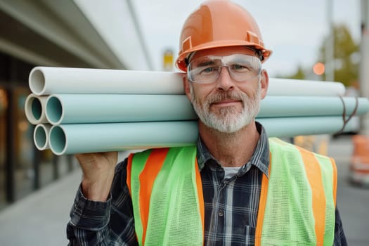 A man wearing a safety vest and a hard hat is holding a stack of pipes. He looks happy and confident