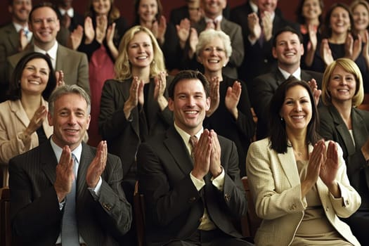 A group of people are clapping and smiling, likely at a concert or event. Scene is joyful and celebratory