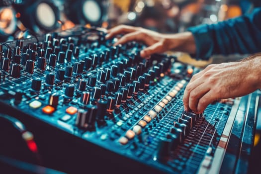 A man is playing a keyboard with a lot of buttons. The buttons are colorful and the man is using his hands to press them. Concept of creativity and passion for music