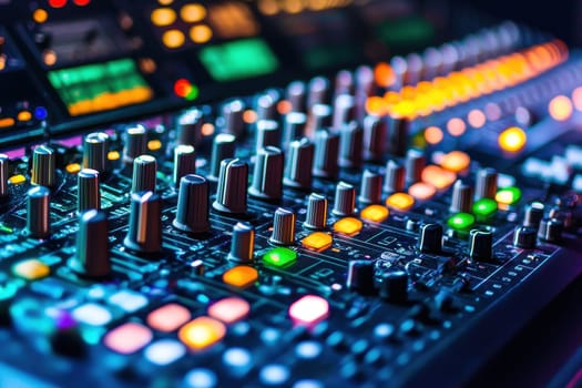 A colorful array of buttons and knobs on a sound board. The buttons are lit up in various colors, giving the impression of a vibrant and dynamic sound system. Scene is energetic and lively