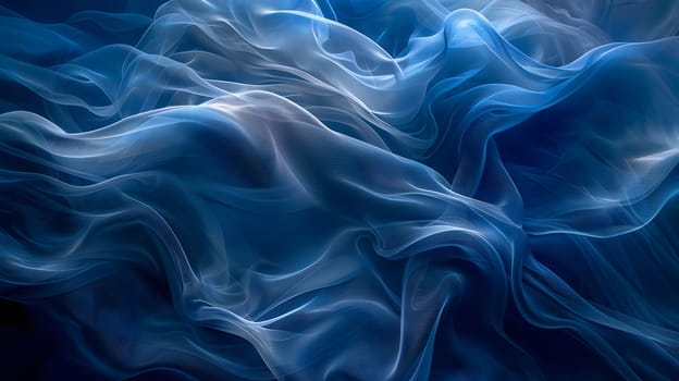 A mesmerizing closeup shot of electric blue smoke swirling on a dark background, resembling fluid waves in the wind, creating a beautiful and artistic pattern