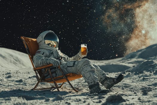 A man in a spacesuit is sitting in a chair on a snowy surface. He is holding a beer in his hand. The image has a playful and lighthearted mood