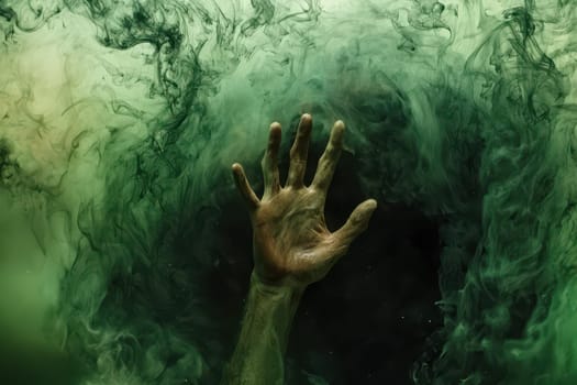 A hand is reaching out into a green smoke filled tunnel. The smoke is thick and dense, creating a sense of claustrophobia and unease. The hand is reaching out towards the camera