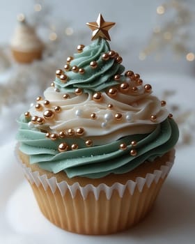 Festive muffin with Christmas tree on abstract background. Selective focus.