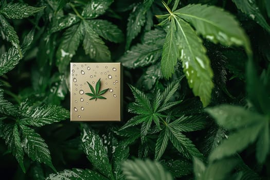 A box with a leaf on it is sitting on top of a green plant. The box is covered in water droplets, giving it a shiny appearance. The plant is lush and green, with many leaves and stems