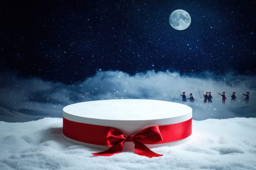 A white box with a red ribbon on it is on a snowy field. The box is empty and the ribbon is tied around it. The scene is set in a wintery landscape with a full moon in the background