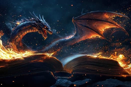 A dragon is flying over an open book with flames coming out of it. The dragon is surrounded by fire and smoke, creating a sense of danger and excitement