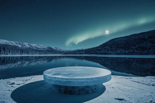 A large, round ice sculpture sits on a snowy beach. The sky is dark and the moon is visible in the distance. The scene is serene and peaceful