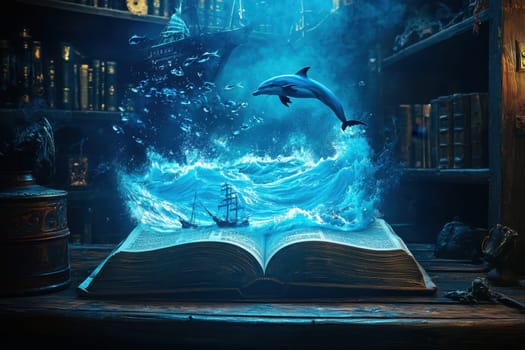 A book is open to a page with a dolphin jumping out of the water. The scene is set in a library with shelves of books surrounding the open book. Scene is whimsical and imaginative