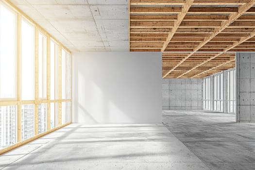 A large open room with a white wall and wooden beams. The room is empty and has a modern feel