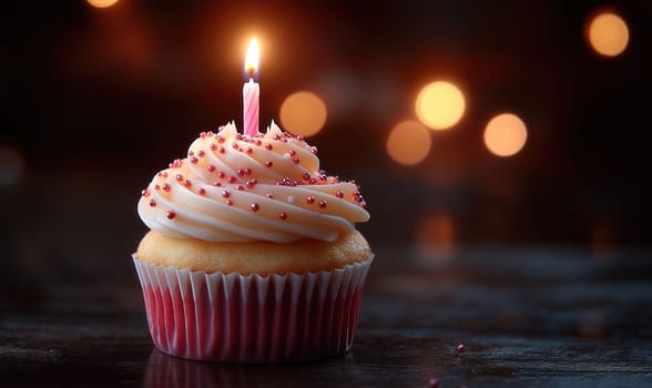 Birthday cupcake with candle on abstract background. Selective focus.