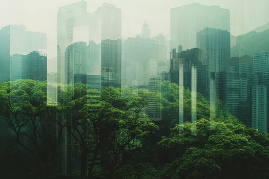 A city skyline is reflected in a forest. The trees are green and the sky is cloudy