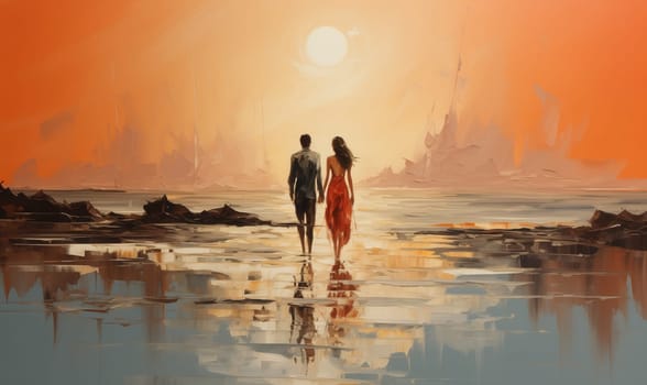 Picture man and woman walking along the seashore. Selective focus.
