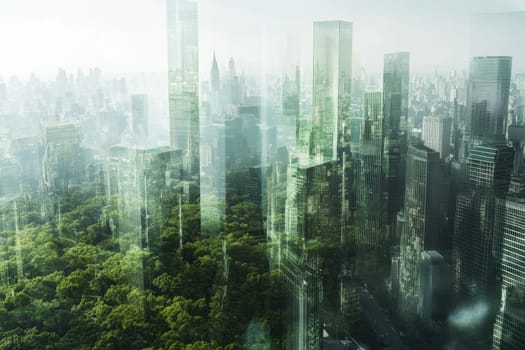 A city skyline with a forest in the background. The city is covered in glass buildings and the forest is lush and green. Scene is serene and peaceful, with the contrast between the urban