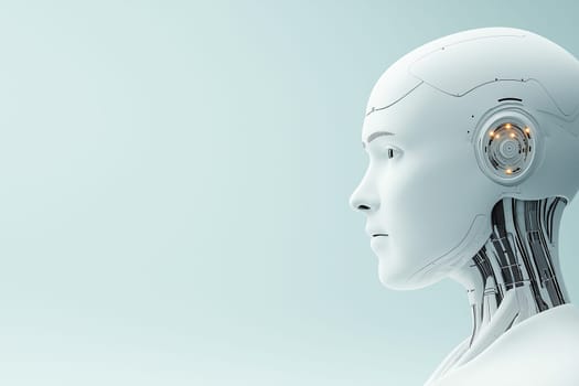 Side view of a white humanoid robot against a soft blue background, showcasing technological innovation and futuristic design. Ideal for concepts of artificial intelligence and robotics.