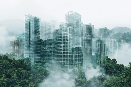 A cityscape with tall buildings and a foggy atmosphere. The buildings are made of glass and are surrounded by trees. Scene is mysterious and dreamy