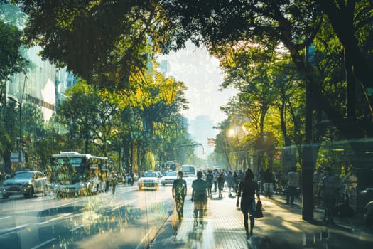 A busy city street with people walking and cars driving. Scene is bustling and lively