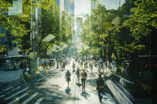 A busy city street with people walking and cars driving. Scene is bustling and lively