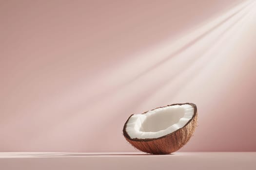 A glossy half coconut floating elegantly on a smooth surface, illuminated by soft light. Perfect for themes of freshness, tropical vibes, and minimalist design.