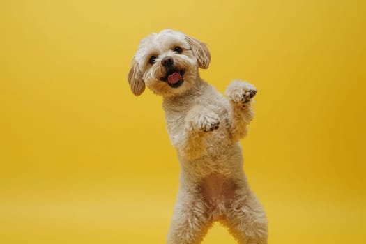 A cheerful dog dabbing with its tongue out against a vivid yellow backdrop. This playful and expressive pet captures the essence of fun and joy, perfect for pet lovers.