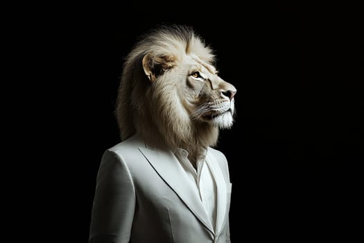 A stunning photorealistic portrait of a lion dressed in a crisp white suit, showcasing elegance and confidence against a dark backdrop. Perfect for artistic representations.