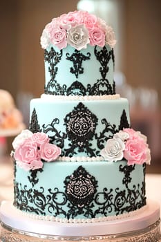 Big pastel gothic cake decorated with pink, blue, white and black elements.