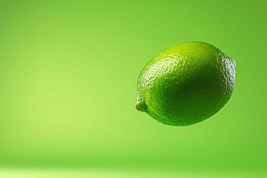 A radiant lime hovering in a neon green background, showcasing its vibrant color and texture. Ideal for food and health-related themes.