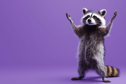 A cheerful raccoon stands with paws raised against a bright purple background, showcasing its playful nature. This image captures a vibrant and whimsical moment perfect for animal lovers.