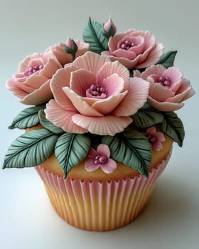Muffin with pink roses on an abstract background. Selective focus.