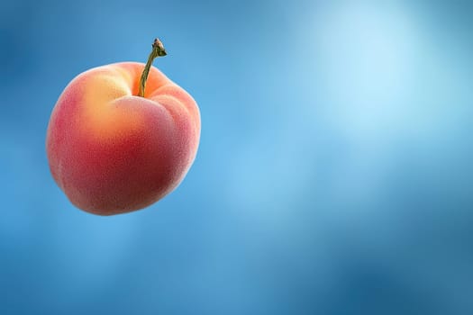 A surreal depiction of a floating peach against a soft blue background, showcasing the fruit's vibrant colors and textures in a dreamy, whimsical setting.