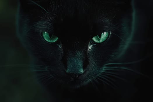 A captivating close-up shot featuring a black cat with intense emerald eyes. The image captures the piercing gaze and sleek fur, highlighting the cat's mysterious beauty.