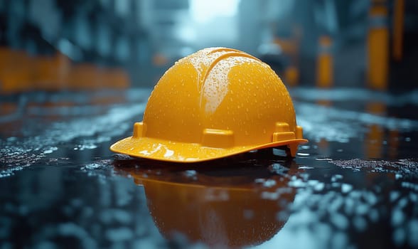 A working helmet lies on a wet surface below. Selective focus.