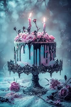 Big pastel gothic cake decorated with pink, blue, white and black elements.