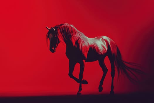 This surreal depiction of a horse features a flowing mane against a vivid red background, creating a striking artistic scene perfect for creative projects.
