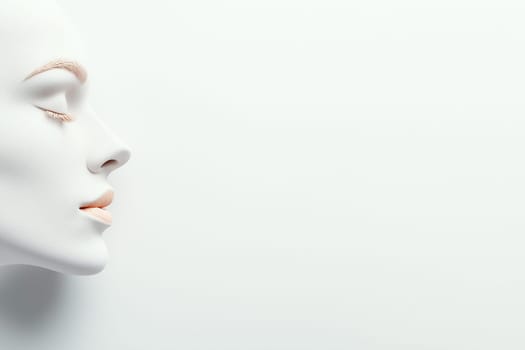 Side view of an abstract female face sculpture in minimalist white, featuring soft, closed eyes and delicate lips. The image conveys serenity and modern art aesthetics.