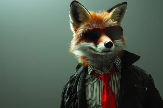 A stylish fox character wearing sunglasses and a suit exudes confidence and charm. This cinematic portrait captures a blend of nature and fashion, perfect for modern creative projects.