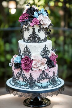 Big pastel gothic cake decorated with pink, blue, white and black elements.