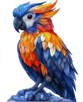 Illustration for children, colorful parrot on white background. Selective focus.