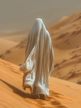 A figure in a white veil strides through the desert landscape. The hardwood flooring beneath their feet contrasts with the soft sands of the erg, creating a surreal sight against the clear blue sky