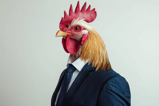 A proud rooster wearing a formal suit presents a unique blend of humor and elegance, showcasing a striking combination of animal and business attire.