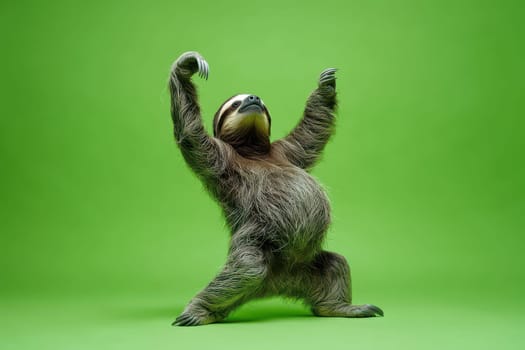 This charming sloth in a relaxed dance pose exudes joy against a vibrant green background. Perfect for themes of fun, leisure, and nature!